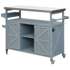 K&K Outdoor Kitchen Island, Rolling Bar Cart & Storage Cabinet, Farmhouse Solid Wood Outdoor Grill Table with Stainless Steel Top, Spice Rack , Towel Rack for Kitchen & BBQ , Grey Blue - Grand Goldman Shop