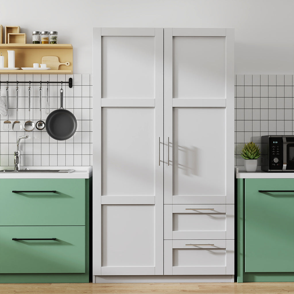 High wardrobe and kitchen cabinet with 2 doors, 2 drawers and 5 storage spaces,white - Grand Goldman Shop