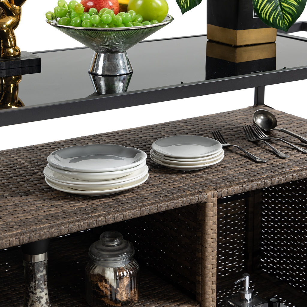 Outdoor Wicker Bar Cart, Patio Wine Serving Cart w/Wheels , Rolling Rattan Beverage Bar Counter Table w/Glass Top for Porch Backyard Garden Poolside Party, Light brown - Grand Goldman Shop