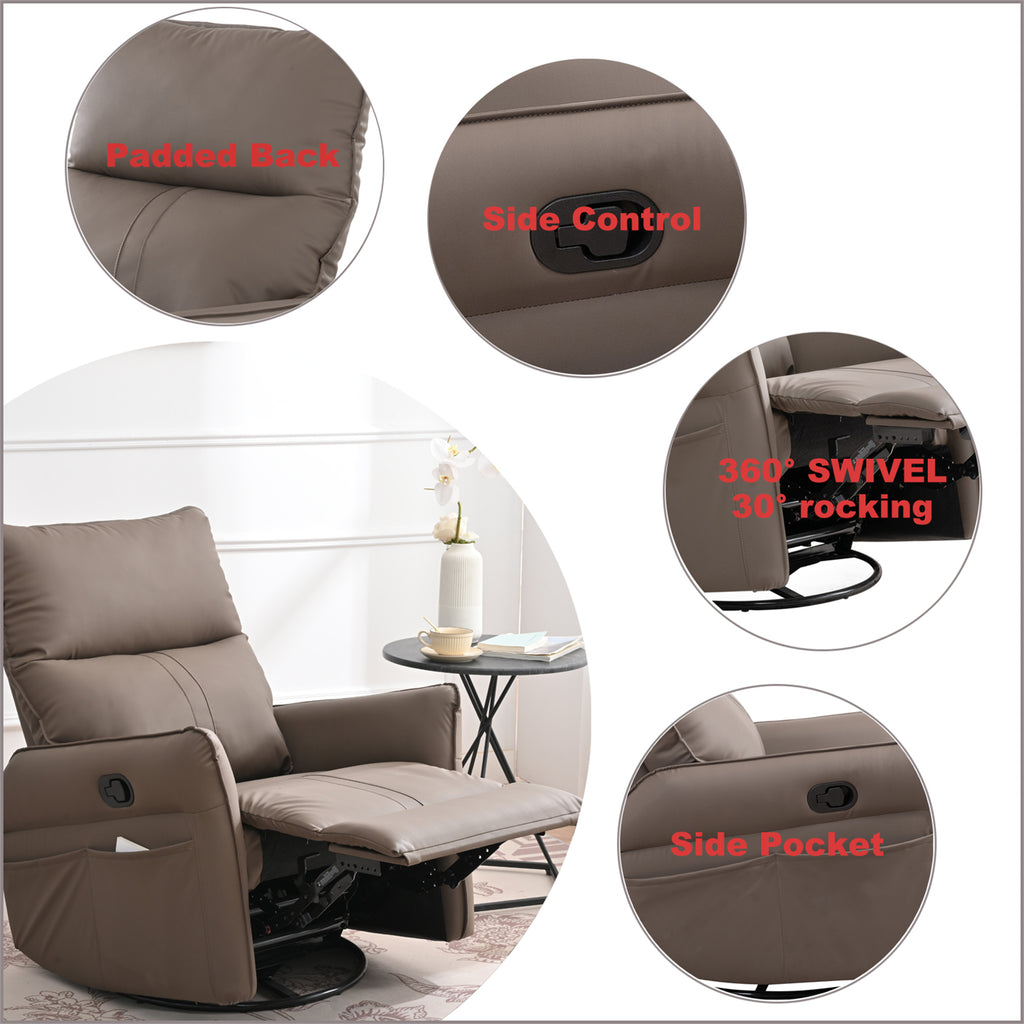 PU Rocking Recliner Chair, 360° Swivel Nursery Rocking Chair, Glider Chair, Modern Small Rocking Swivel Recliner Chair, Home Theater Seating, Side Pocket (Brown+360° Swivel) - Grand Goldman Shop