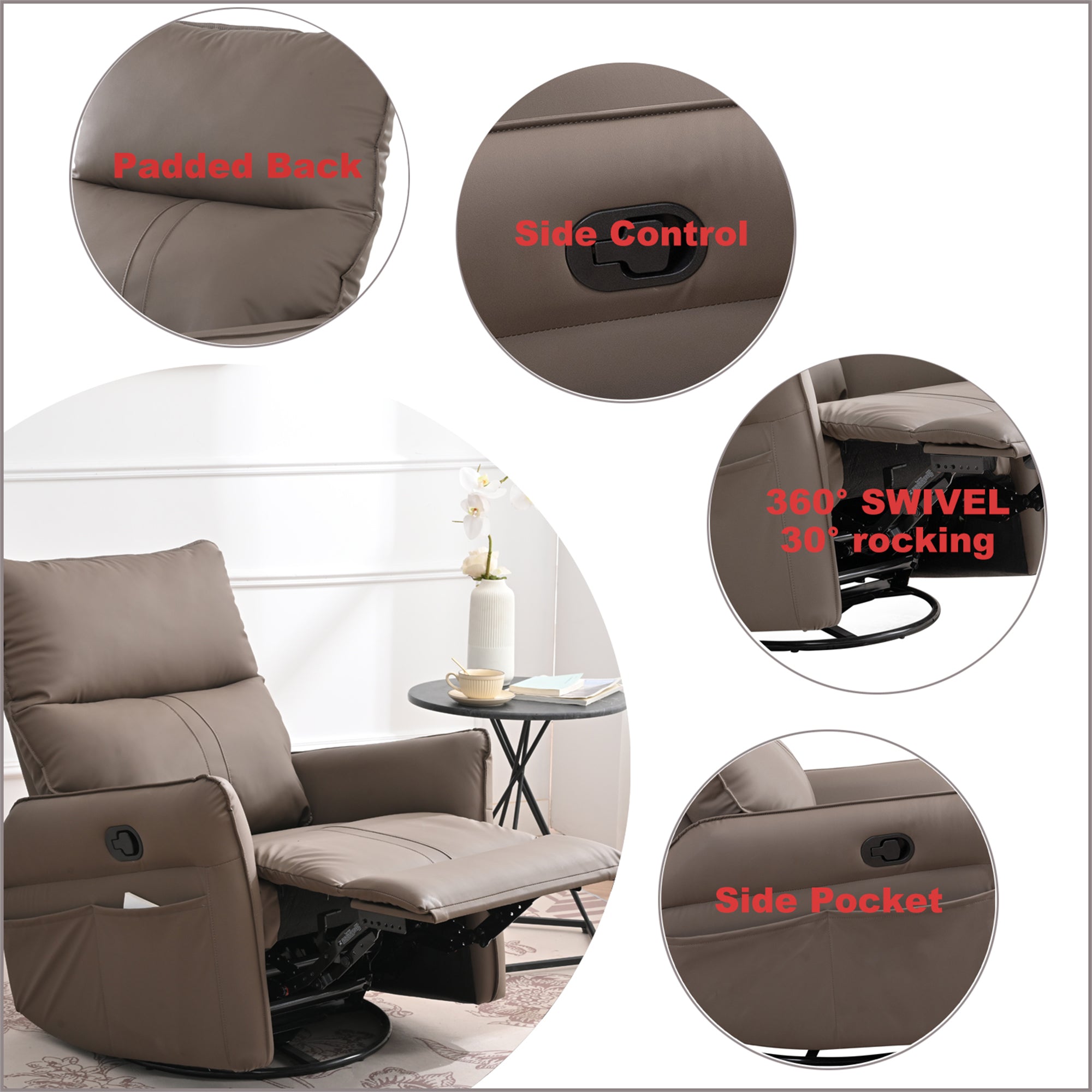 PU Rocking Recliner Chair, 360° Swivel Nursery Rocking Chair, Glider Chair, Modern Small Rocking Swivel Recliner Chair, Home Theater Seating, Side Pocket (Brown+360° Swivel) - Grand Goldman Shop