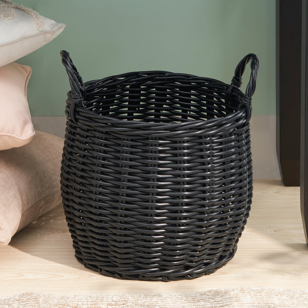 Lucius Round Resin Woven Wicker Basket with Handles - 13' x 13' x 10.2' - Black - For Clothes, Towels, Toys, Magazines Storage and Home Decoration - Grand Goldman Shop