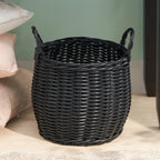Lucius Round Resin Woven Wicker Basket with Handles - 13' x 13' x 10.2' - Black - For Clothes, Towels, Toys, Magazines Storage and Home Decoration - Grand Goldman Shop