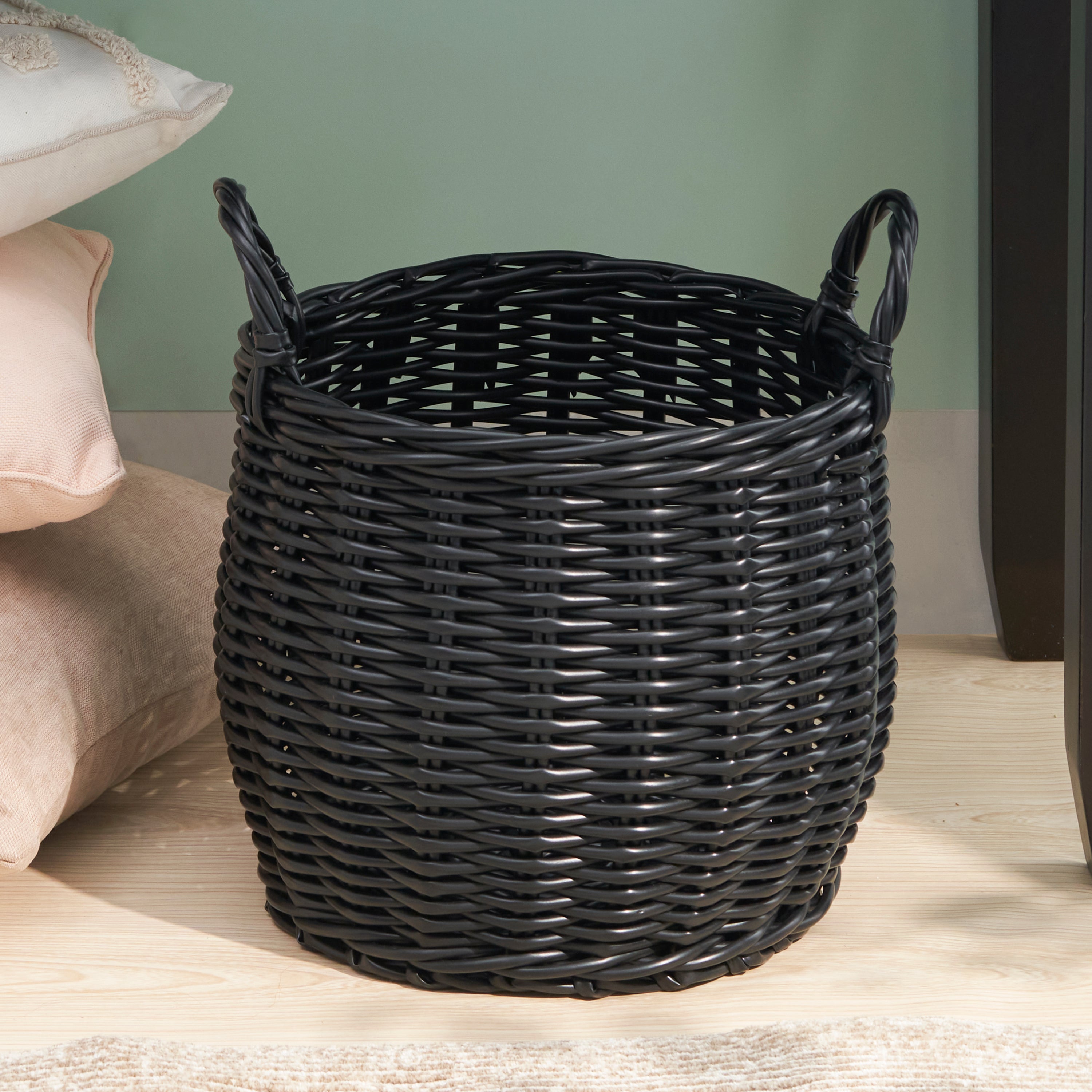 Lucius Round Resin Woven Wicker Basket with Handles - 13' x 13' x 10.2' - Black - For Clothes, Towels, Toys, Magazines Storage and Home Decoration - Grand Goldman Shop