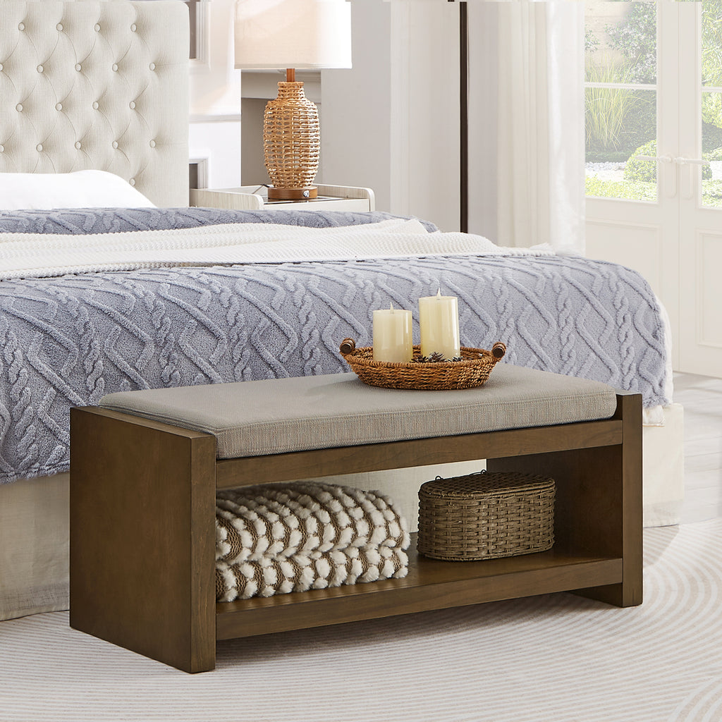 40' Accent Bench with Lower Shelf Shoe Rack, Padded Seating Bench for Living Room, Modern Compact Bed End Bench with Storage for Bedroom Seating, Removable Cushion,  40'W- Linen - Grand Goldman Shop
