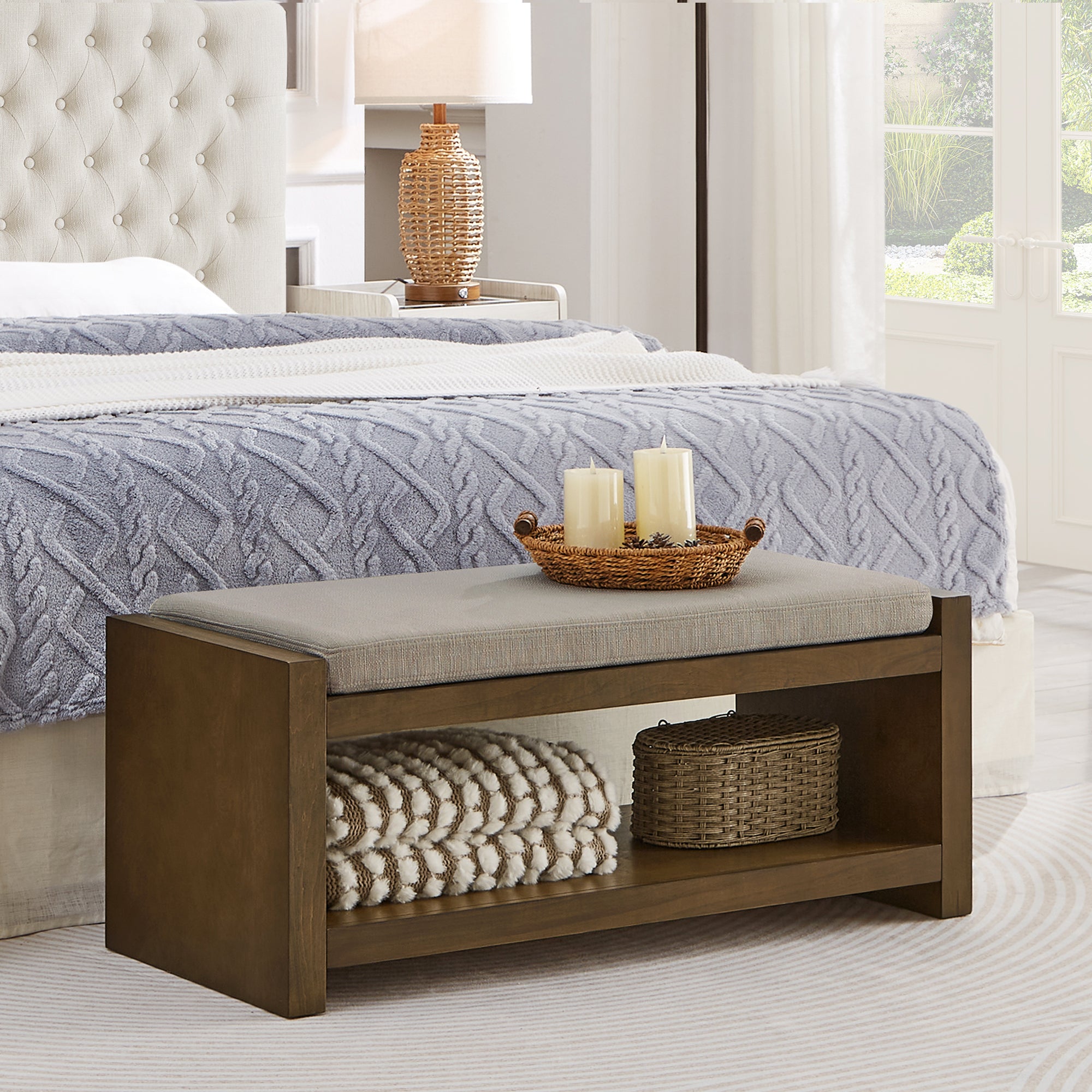 40' Accent Bench with Lower Shelf Shoe Rack, Padded Seating Bench for Living Room, Modern Compact Bed End Bench with Storage for Bedroom Seating, Removable Cushion,  40'W- Linen - Grand Goldman Shop