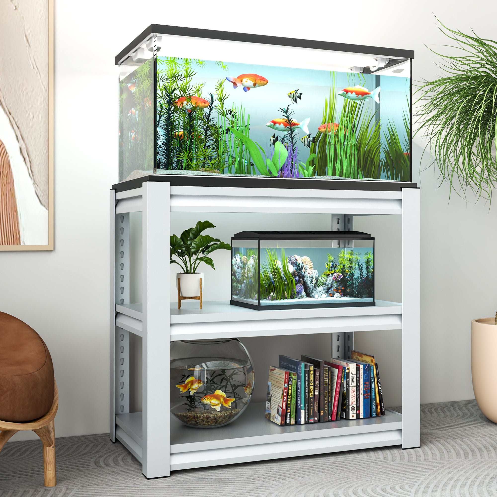 Stylish Metal Aquarium Stand for 20-30 Gallon Tanks, Antique White, 3-Tier Adjustable Shelf - Grand Goldman Shop