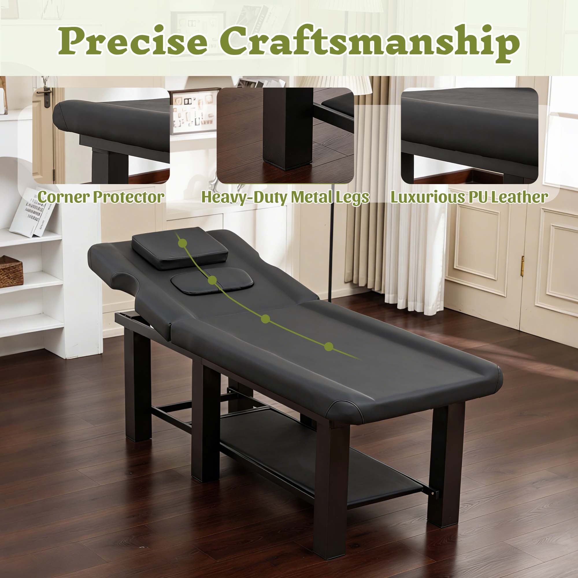 Spa Salon Massage Table with Bottom Storage, Adjustable Backrest (0-15°) & Detachable Headrest, High-Resiliency Waterproof Cu