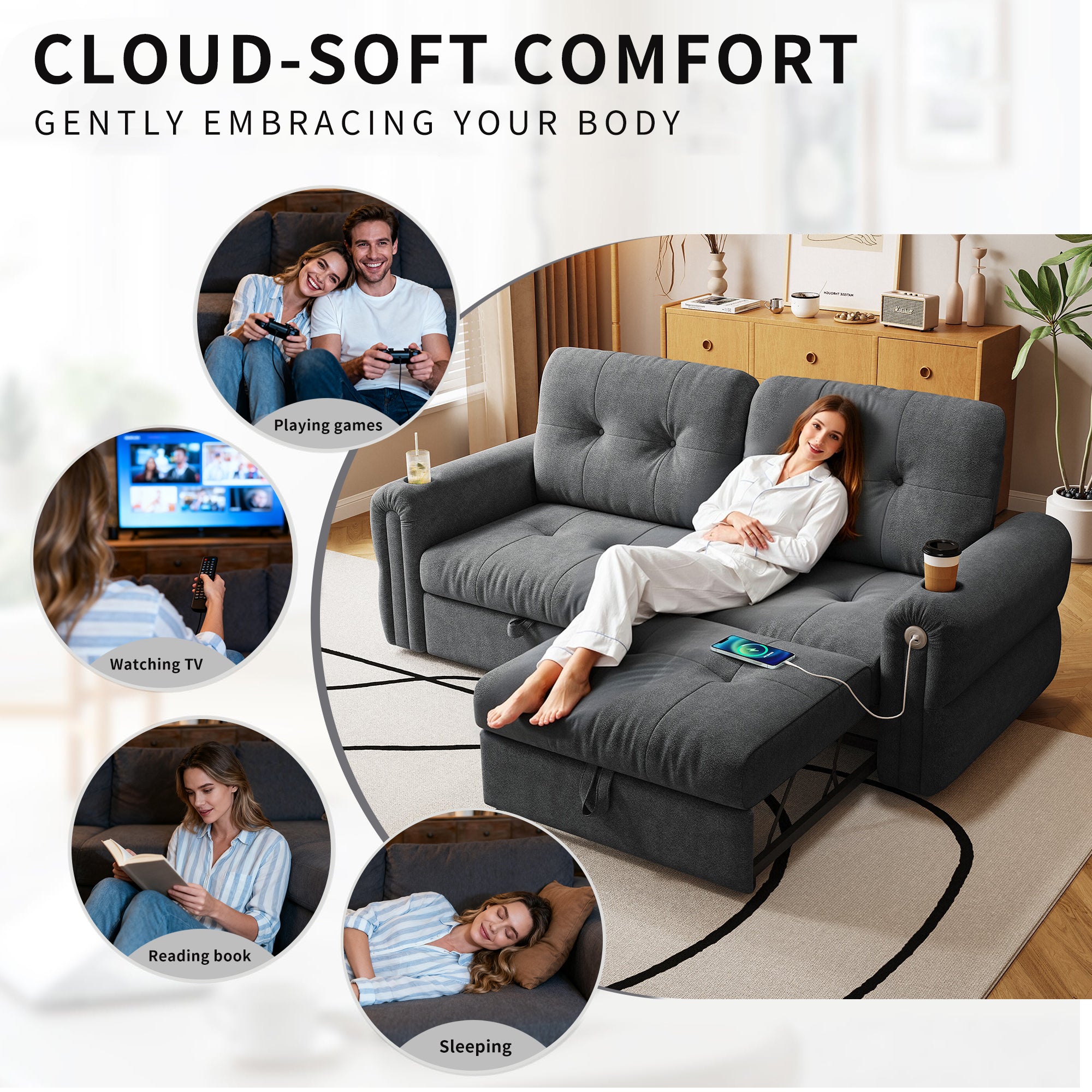 It is a multi-functional sofa, a 77-inch convertible sofa bed, and a 2-in-1 piece suitable for both sitting and lying down. Made of  Chenille fabric, it is suitable for living rooms, bedrooms - Grand Goldman Shop