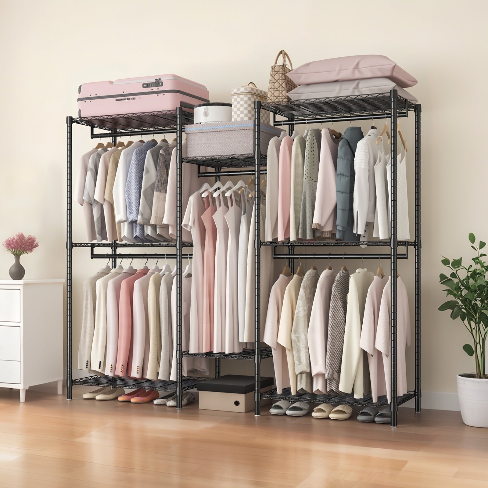 Heavy Duty Garment Rack With 8 Adjustable Wire Shelves and 5 Clothes Rails, Freestanding Closet Organizer, Black Metal - Grand Goldman Shop