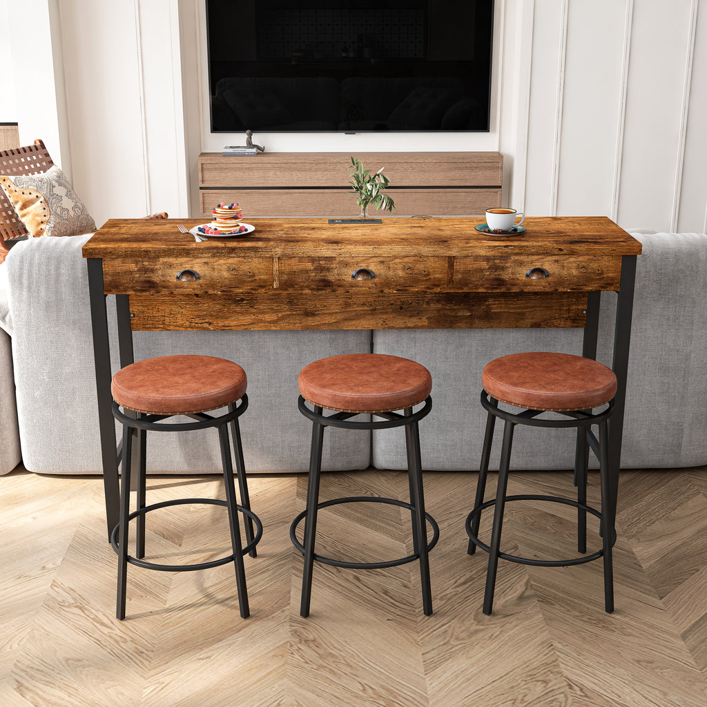 3-Drawer Long Dining Table Set with Power Outlets, Bar Kitchen Table Set with Circular PU Stools, Easy Assemble,Brown - Grand Goldman Shop