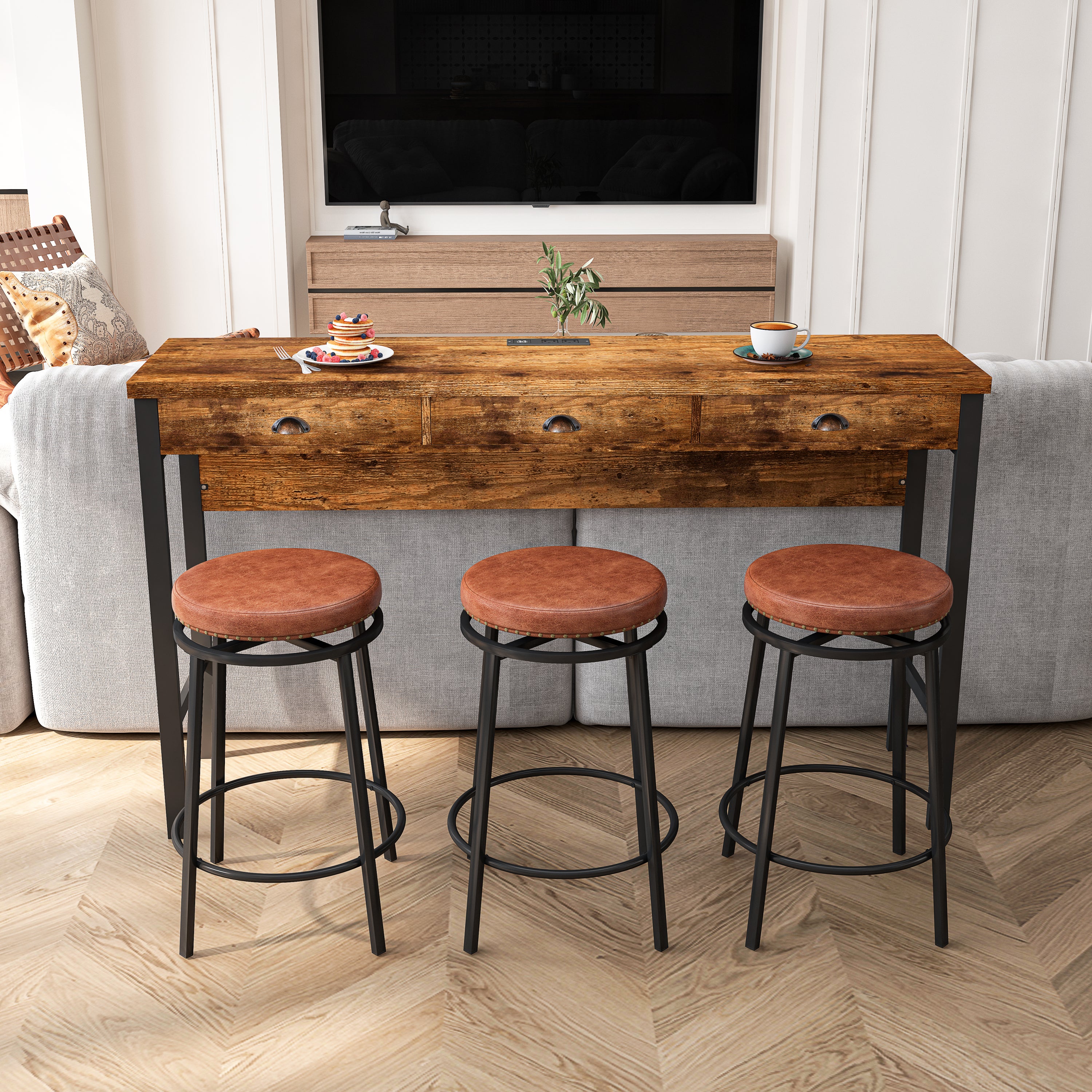 3-Drawer Long Dining Table Set with Power Outlets, Bar Kitchen Table Set with Circular PU Stools, Easy Assemble,Brown - Grand Goldman Shop