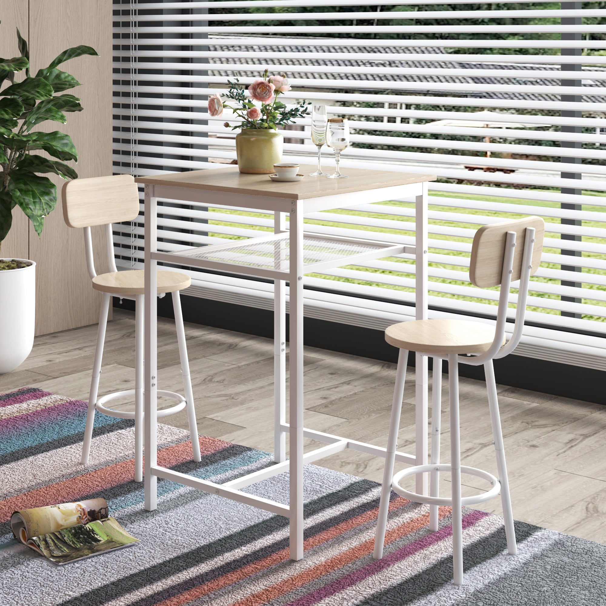 Bar table, equipped with 2 bar stools , with backrest and partition (beige) - Grand Goldman Shop