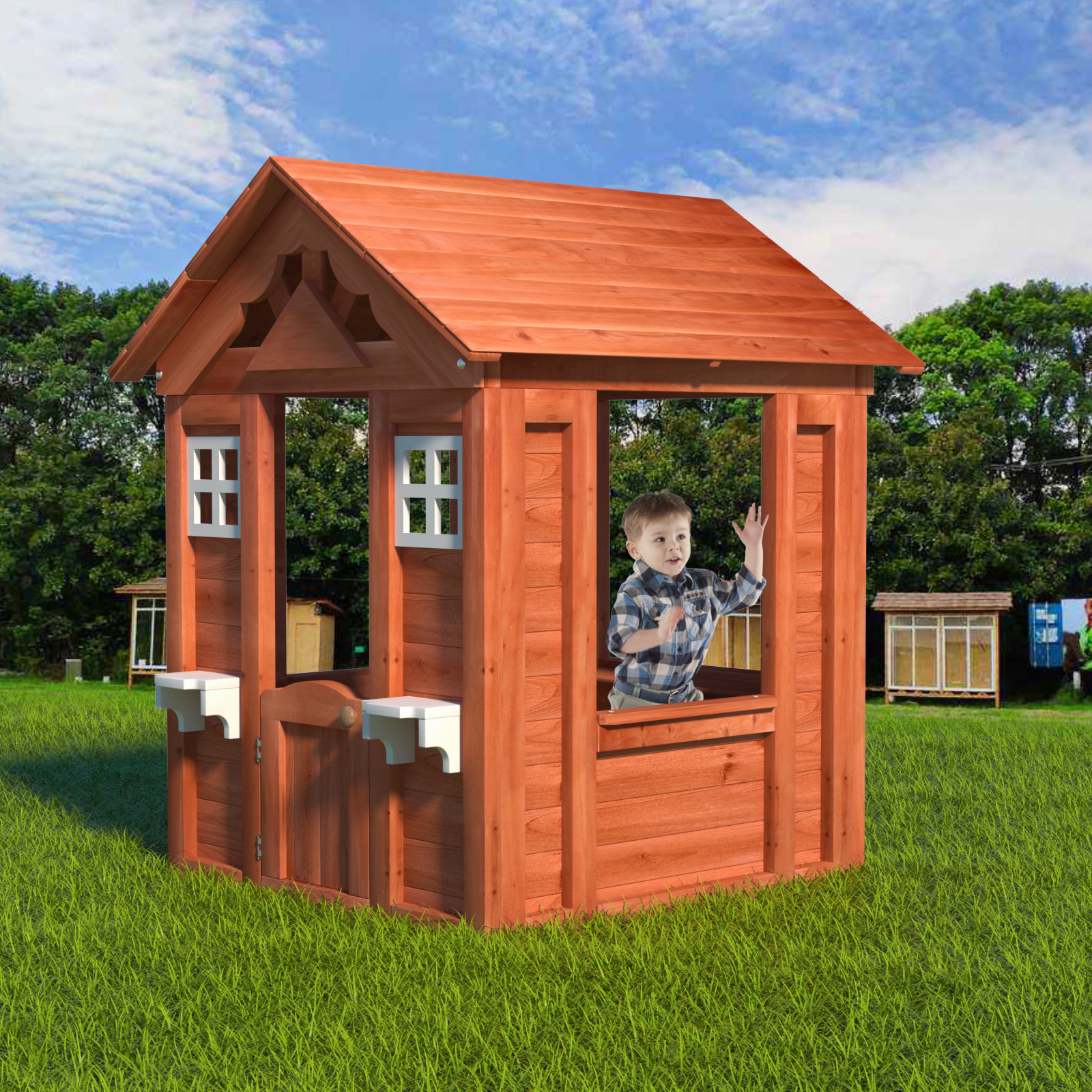 Wooden Kids Playhouse with 2 windows and flowerpot holder,42'Lx46'Wx55'H,Golden Red - Grand Goldman