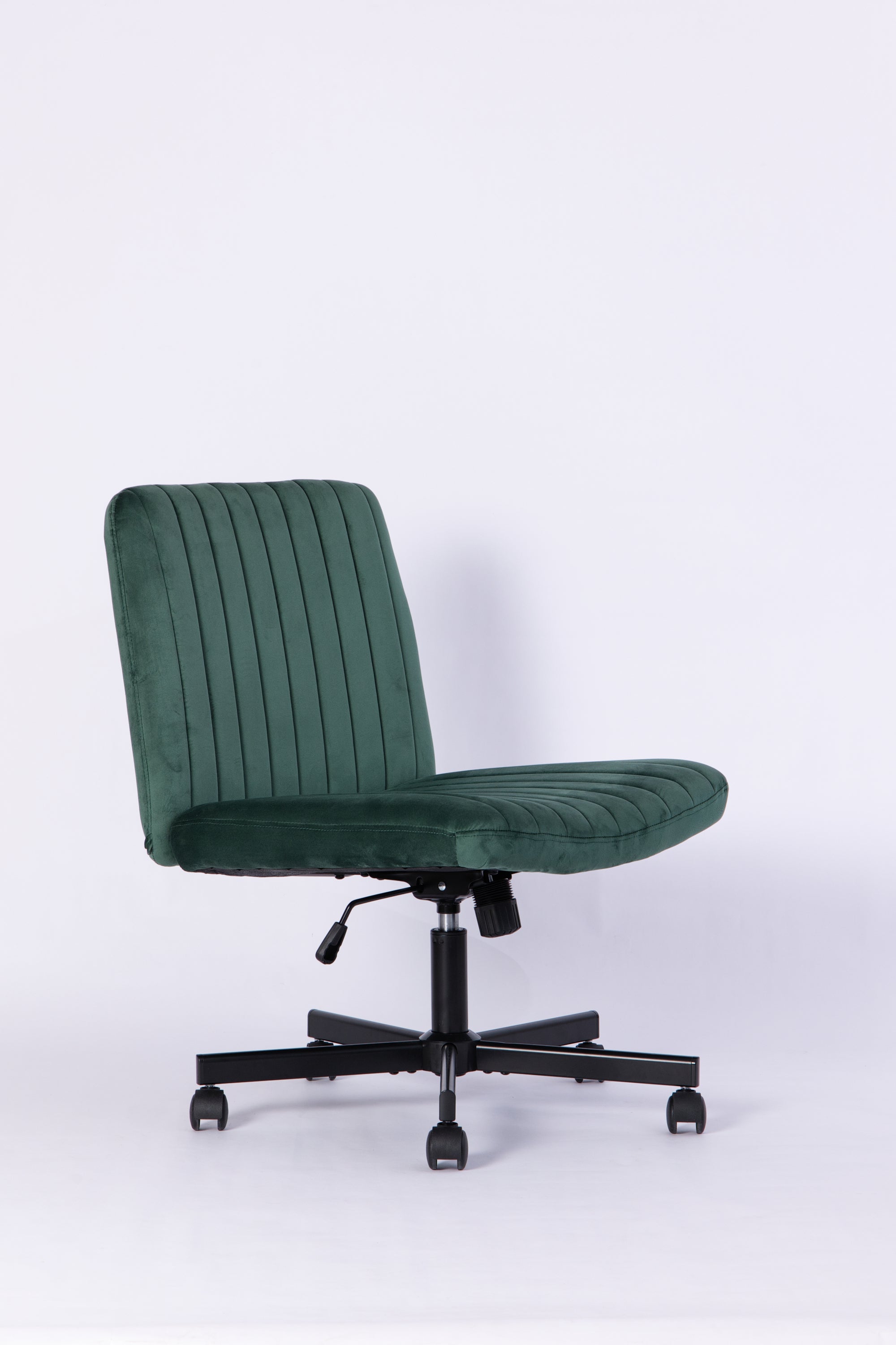 Green Velvet Criss Cross Armless Office Chair with Wheels - Comfortable & Stylish for Home Office, Meditation, and Makeup Use
