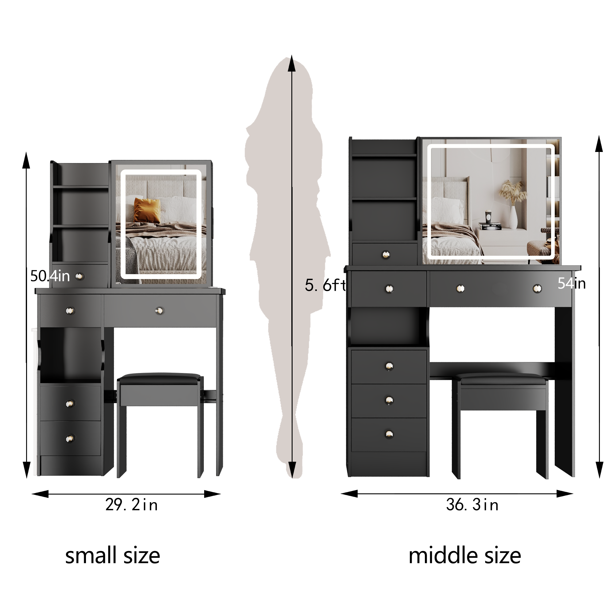29.2' Small Size Left Drawer Desktop Vanity Table + Cushioned Stool, Large Sliding, Touch Control, Tri-color Switching, Brightness Adjust LED Mirror, High Capacity Storage, Suitable for Small Space - Grand Goldman Shop