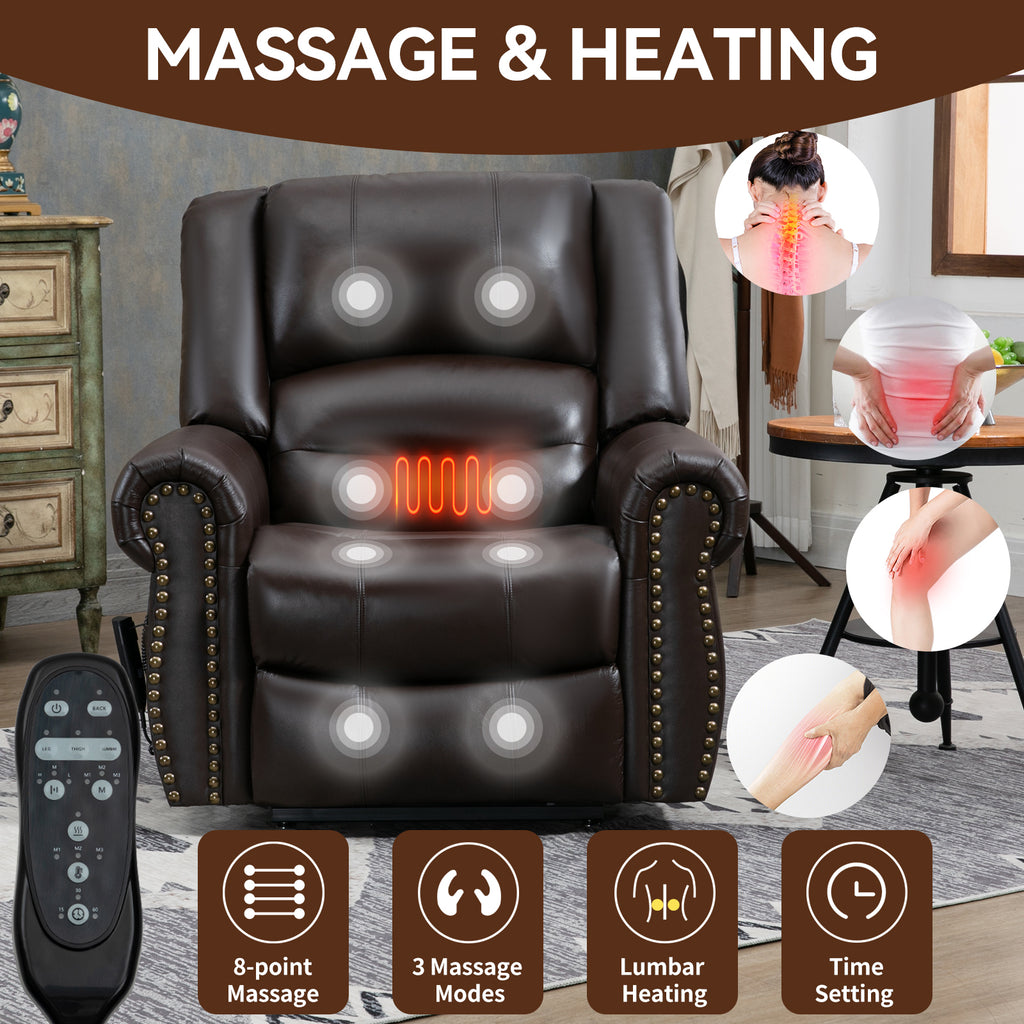 Power Lift Recliner Chair Heat Massage Dual Motor Infinite Position Up to 350 LBS, Genuine Leather, Heavy Duty Motion Mechanism with USB Ports, Brown - Grand Goldman Shop