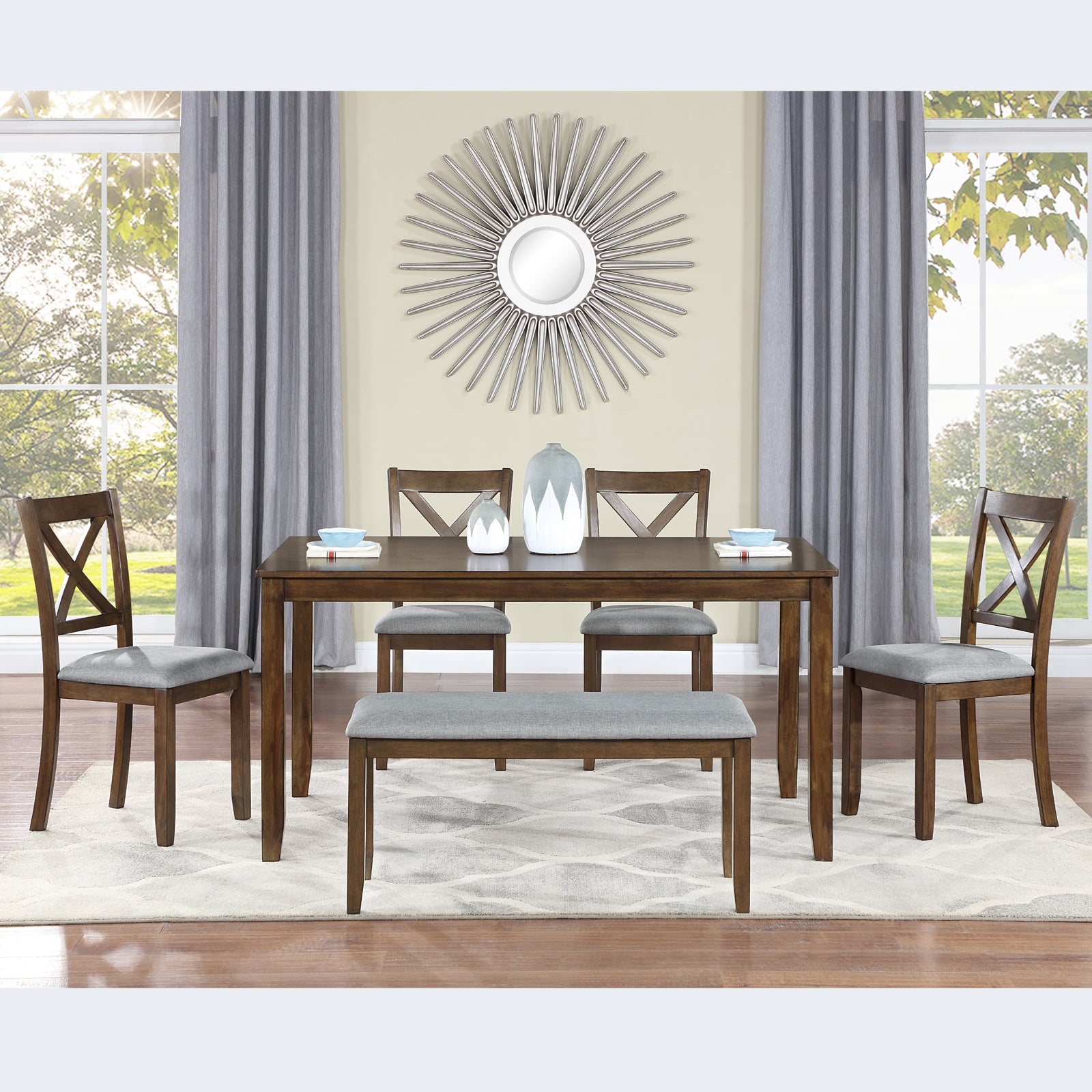 6PCs Kitchen Dining Set, Rectangular Wooden Dining Table with 4 Upholstered Chairs and a Bench, Dining Table Set for 6 People, Living Room, Home Bar and Kitchen, Walnut - Grand Goldman Shop