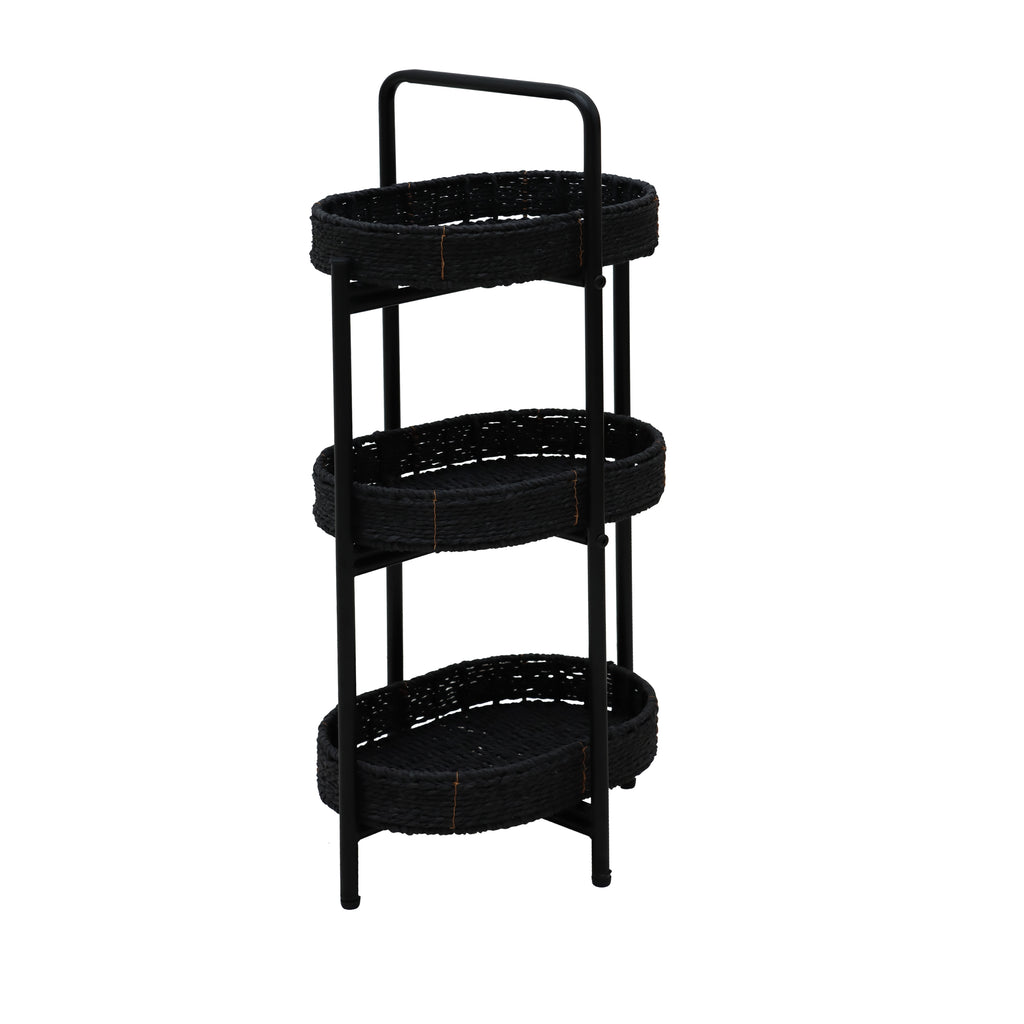 Modern 3-Tier Handwoven Side Table with Oval Organizer in Black Metal and Paper Rope - Grand Goldman Shop