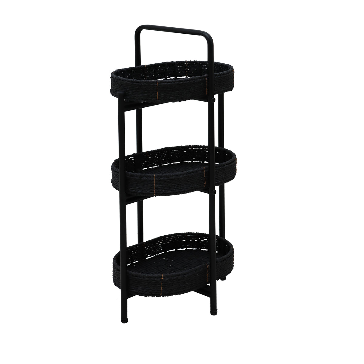 Modern 3-Tier Handwoven Side Table with Oval Organizer in Black Metal and Paper Rope - Grand Goldman Shop