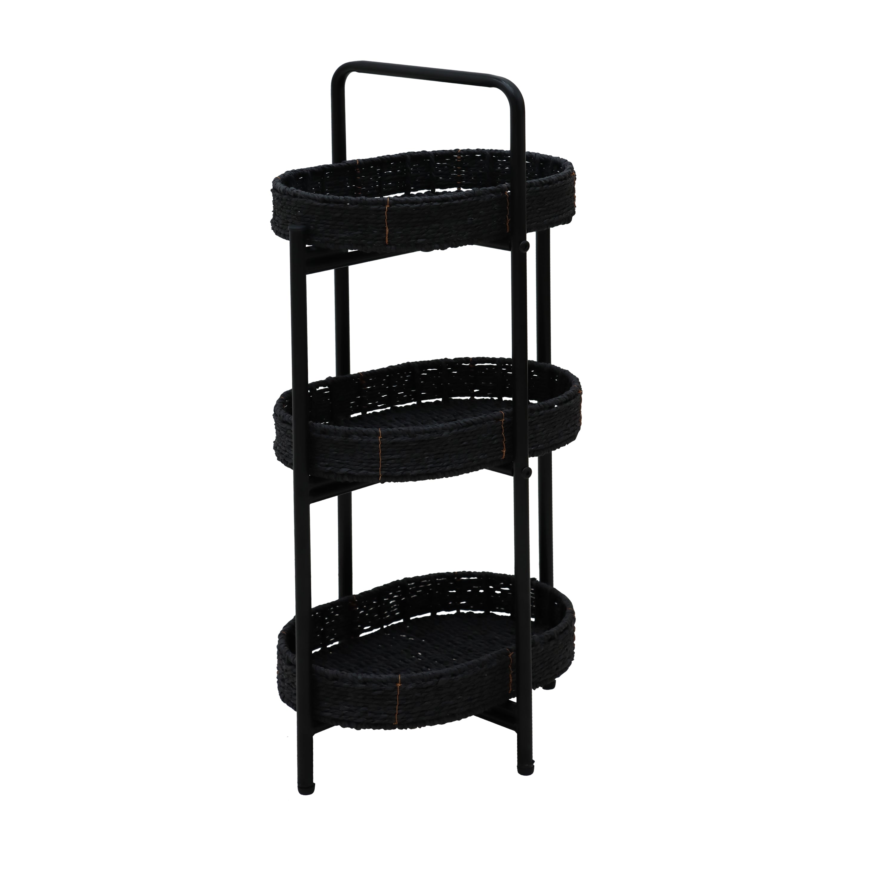 Modern 3-Tier Handwoven Side Table with Oval Organizer in Black Metal and Paper Rope - Grand Goldman Shop