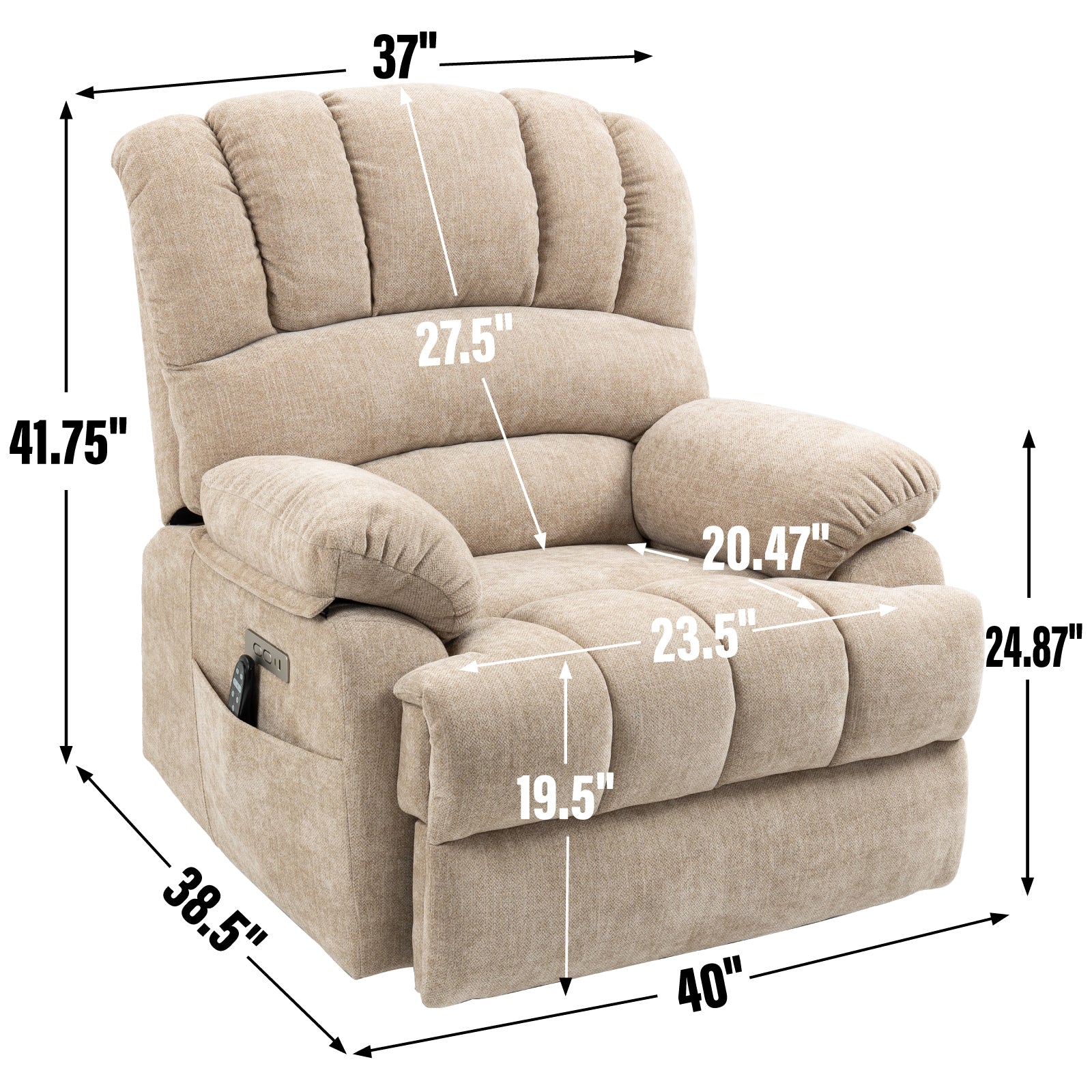 23' Seat Width and High Back Large Size Beige Chenille Power Lift Recliner Chair with 8-Point Vibration Massage and Lumbar Heating - Grand Goldman Shop
