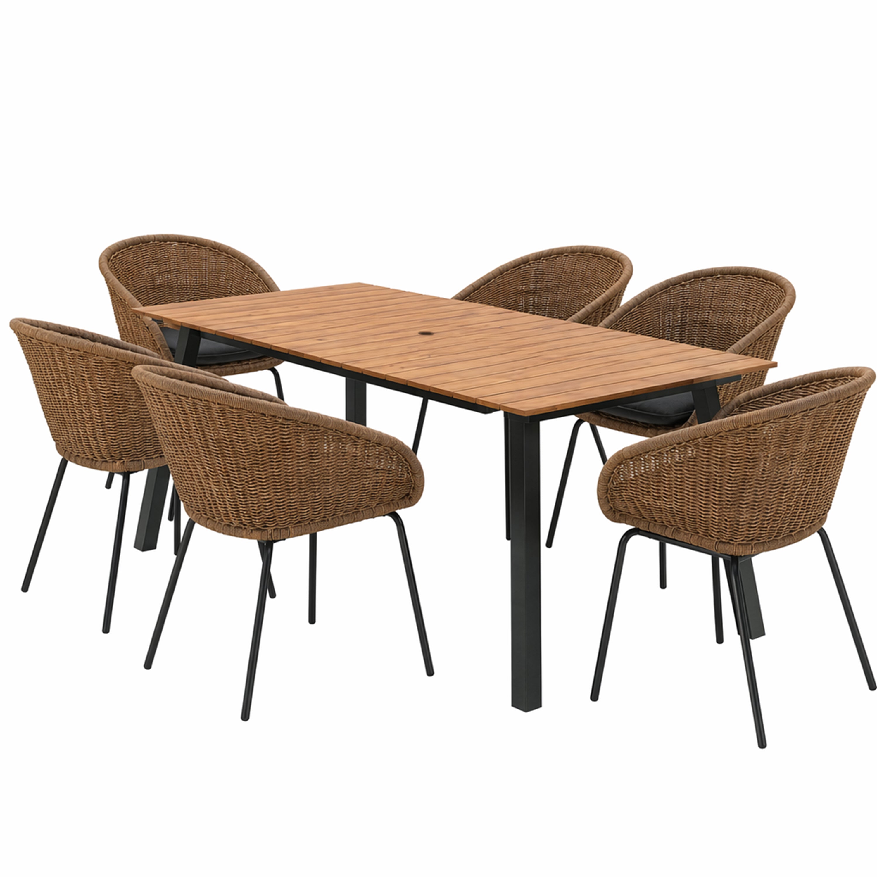 7-Piece Outdoor Patio Dining Set for 6, All-Weather Wicker Rattan Conversation Set with Iron Frame Table & 6 Armchairs, Modern Patio Furniture for Backyard, Garden
