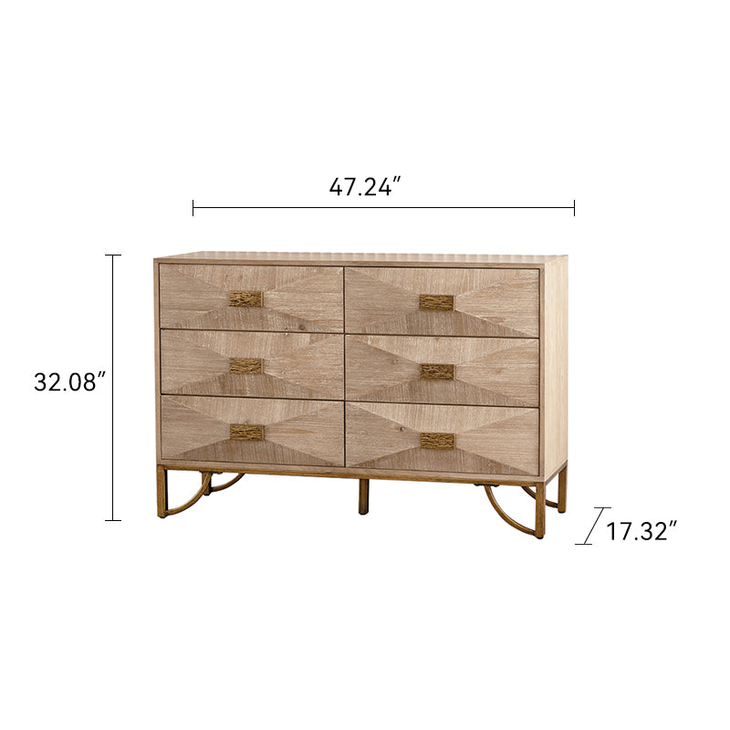 47.24' Light Wood 6-Drawer Dresser - Geometric Relief Chest of Drawers with Gold Metal Legs, Modern Sideboard Console Table for Living Room/Bedroom - Grand Goldman Shop