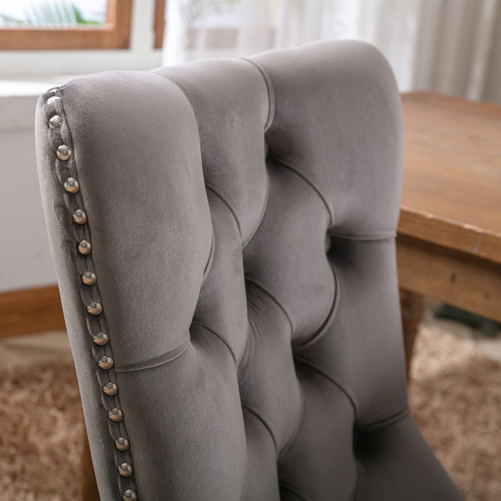 Nikki Collection Modern, High-end Tufted Solid Wood Contemporary Velvet Upholstered Dining Chair with Wood Legs Nailhead Trim 2-Pcs Set,Gray, SW2001GY - Grand Goldman Shop