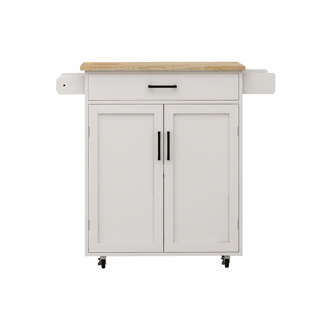 Kitchen island rolling trolley cart with 1 drawer & 2 doors with storage racks & Adjustable Shelves & towel rack & seasoning rack rubber wood table top-White - Grand Goldman Shop