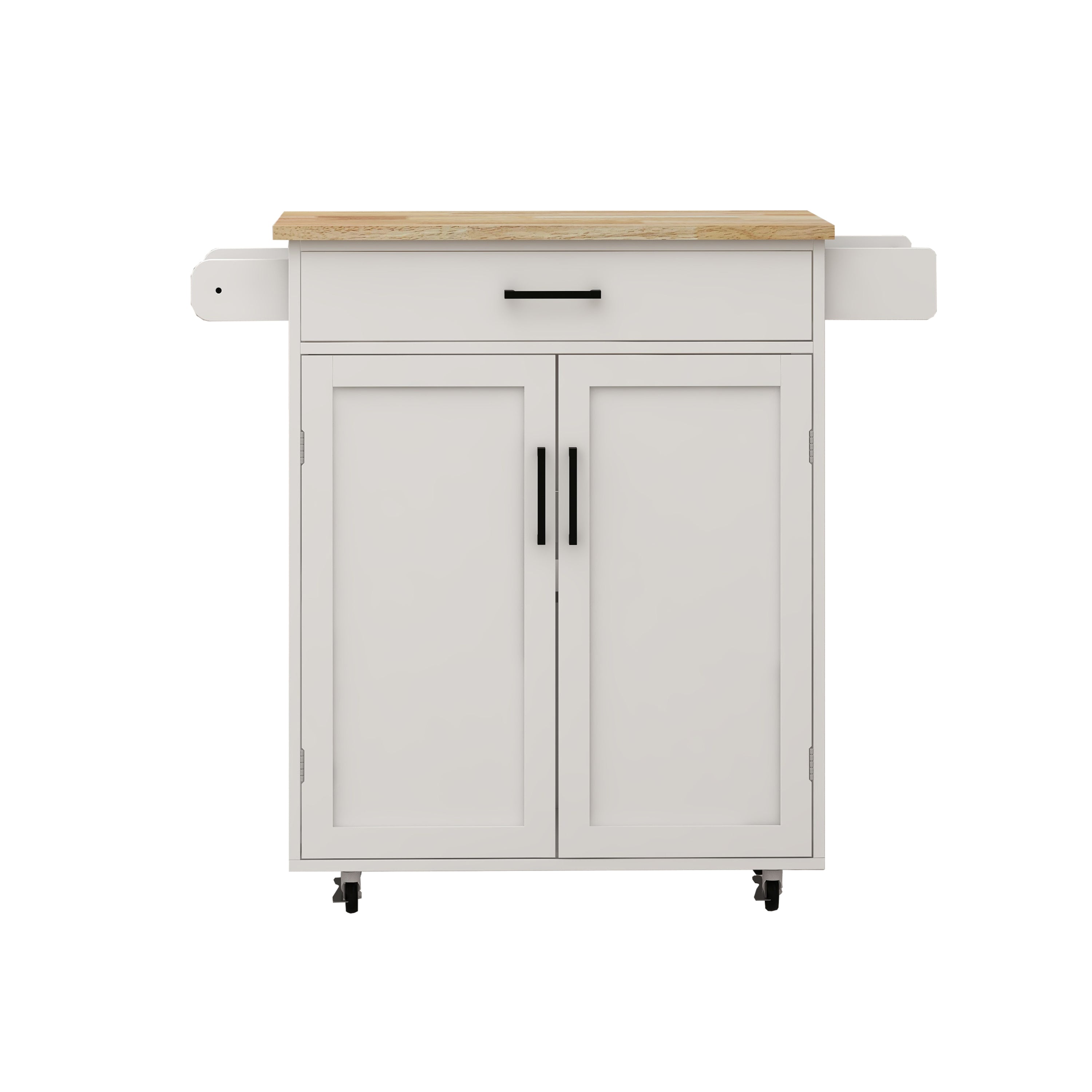 Kitchen island rolling trolley cart with 1 drawer & 2 doors with storage racks & Adjustable Shelves & towel rack & seasoning rack rubber wood table top-White - Grand Goldman Shop