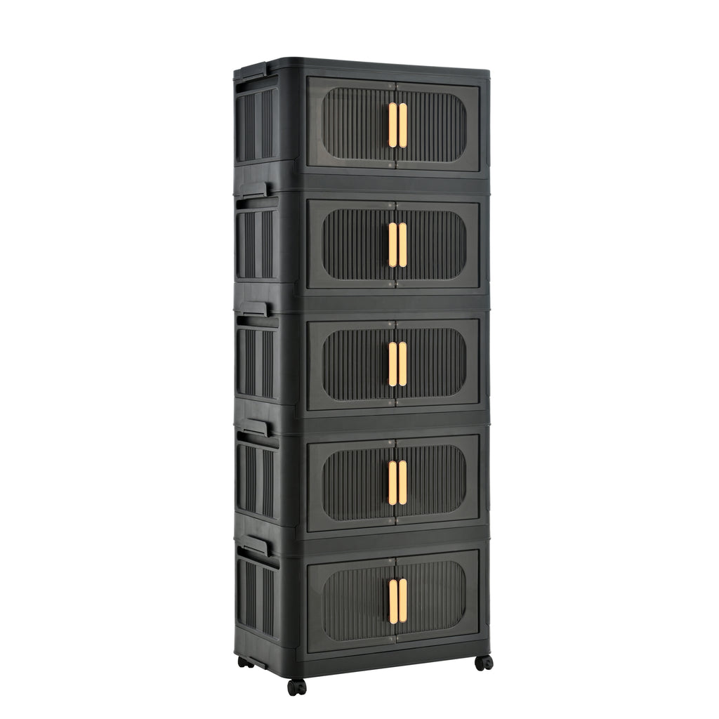 Black,20' Side Wide Folding Storage Cabinet ,5 Tiers,19.69'×11.81'×50.00',Collapsible Storage Bins with Magnetic Door, Plastic Storage Cabinet with Wheels - Grand Goldman Shop
