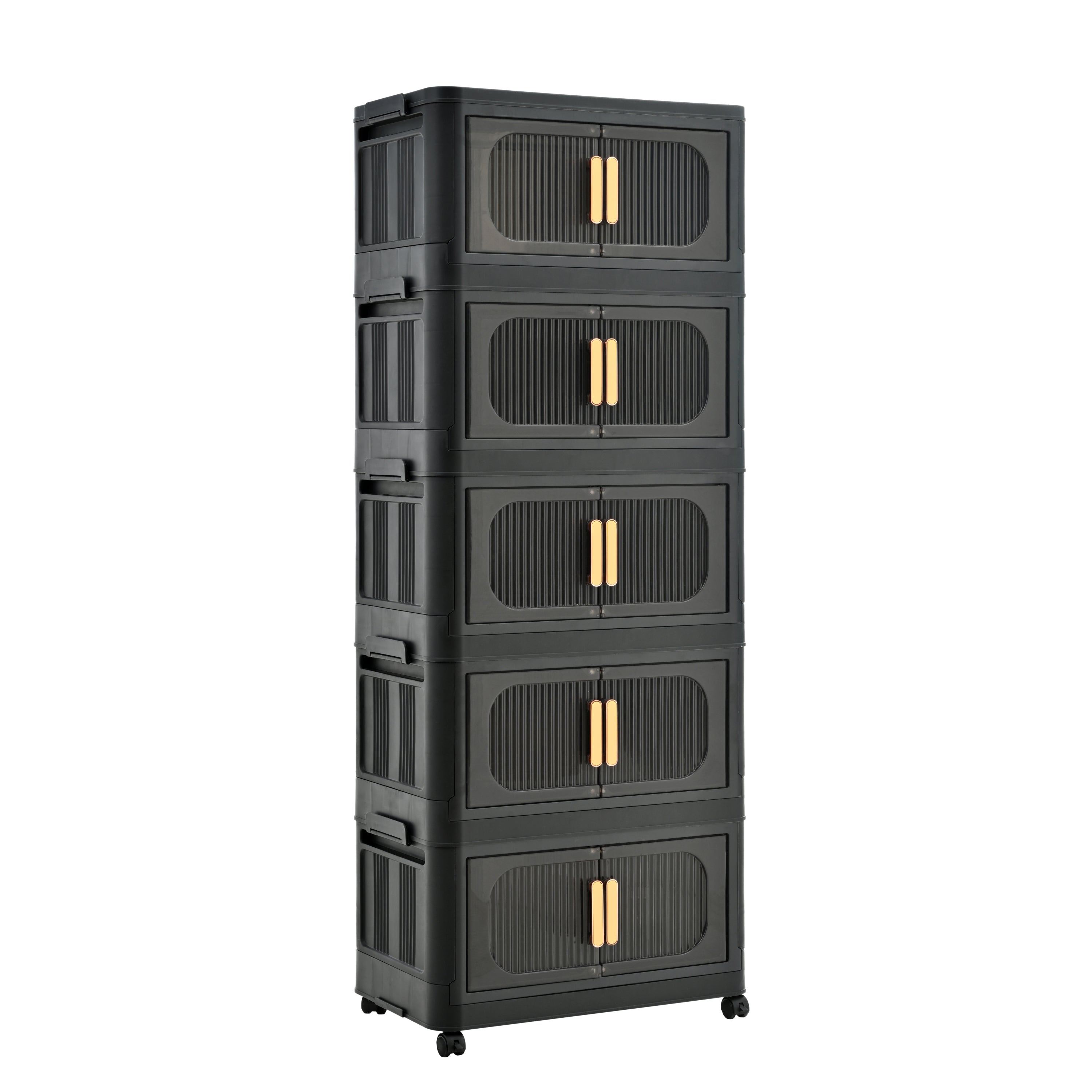 Black,20' Side Wide Folding Storage Cabinet ,5 Tiers,19.69'×11.81'×50.00',Collapsible Storage Bins with Magnetic Door, Plastic Storage Cabinet with Wheels - Grand Goldman Shop