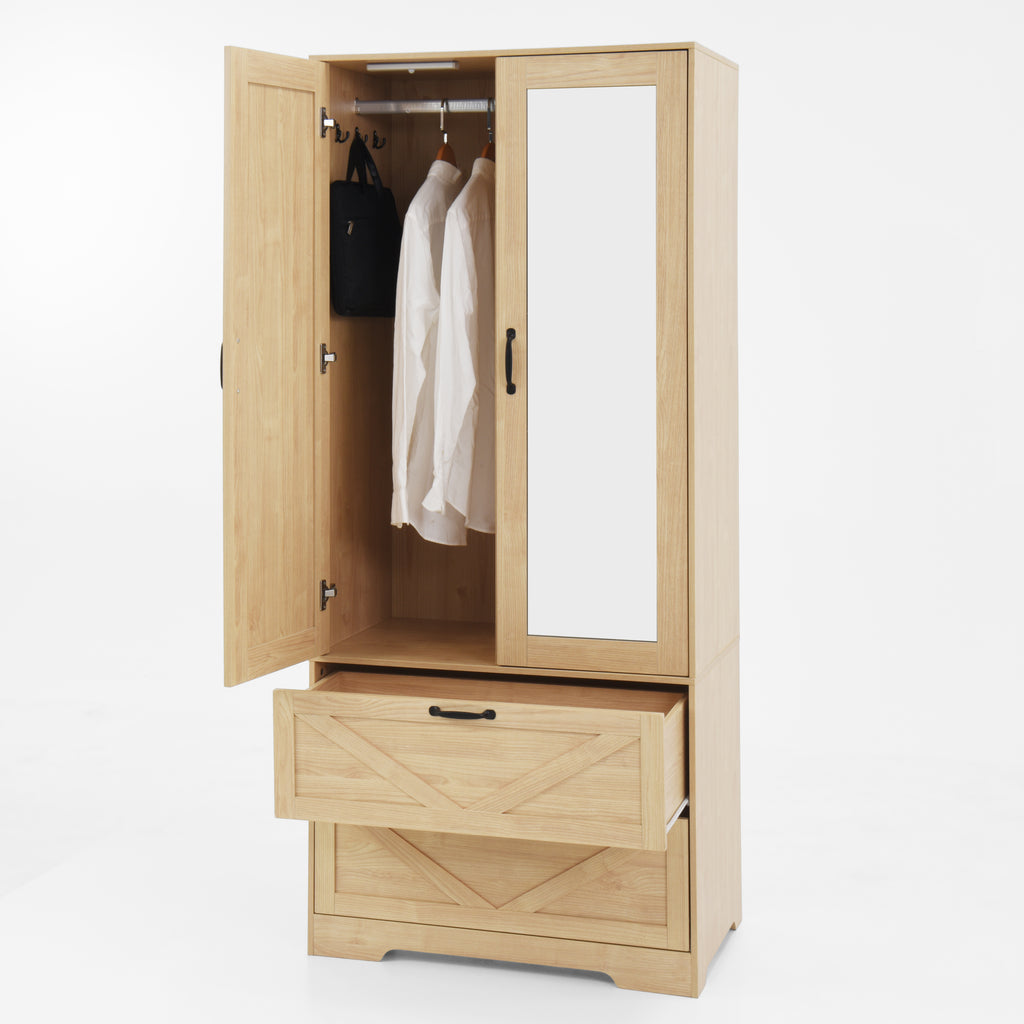 2 Door Wood Wardrobe for Bedroom with Hanging Clothing Rod inside the Cabinet and 2 Drawers for Storage Organization, Built-in induction light Multifunctional Closet with Mirror, Natural - Grand Goldman Shop