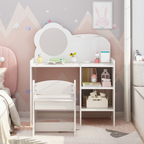Kids Vanity Table with Mirror and Chair, Wooden Children's Dressing Makeup Desk with Storage Shelves, Study and Activity Tabl