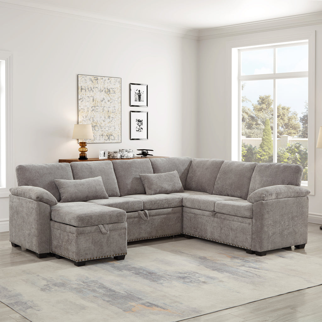97 Inch L-Shaped Corner Sectional Sofa Couch with Storage Ottoman,Chenille Fabric Couch with 7 Seats & 2 Pillows for Living Room, Modern, Small Space, Easy Assembly,Grey - Grand Goldman Shop