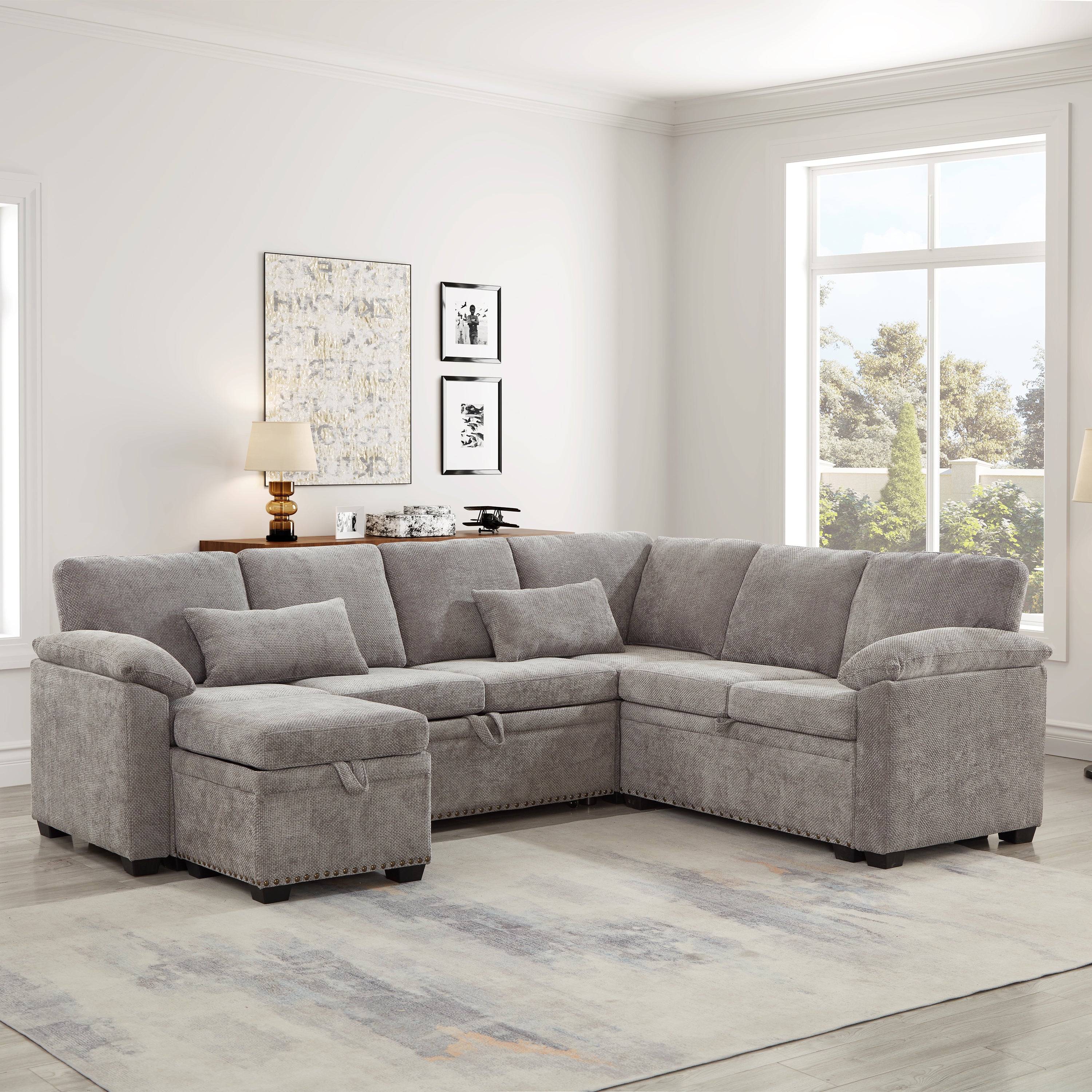 97 Inch L-Shaped Corner Sectional Sofa Couch with Storage Ottoman,Chenille Fabric Couch with 7 Seats & 2 Pillows for Living Room, Modern, Small Space, Easy Assembly,Grey - Grand Goldman Shop