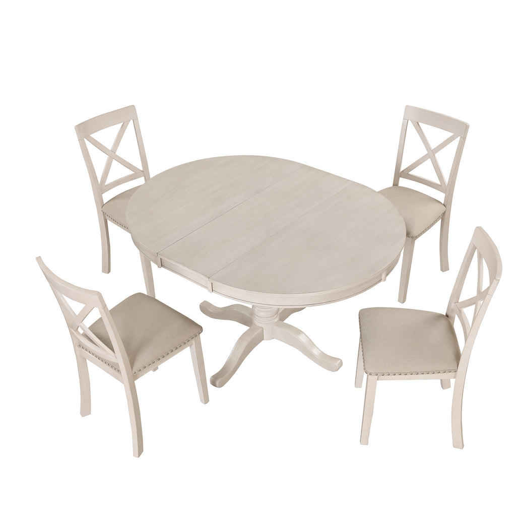 Antique White Modern Dining Table Set for 4 with Round Table and Chairs, Solid Wood & MDF - Grand Goldman Shop