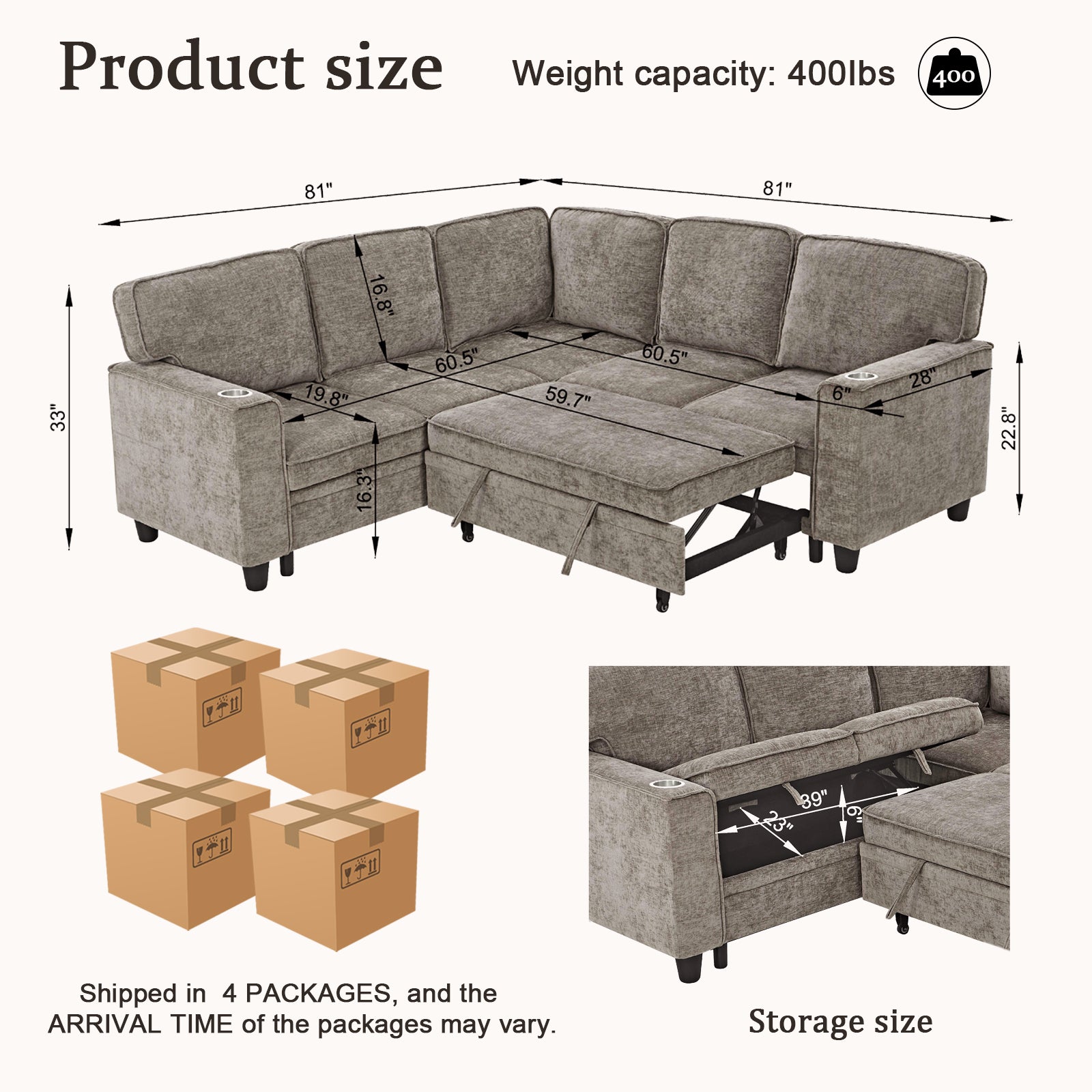 L-Shaped Sofa with Pull Out Sofa Bed, Sleeper Sofa Couch Bed with Storage Seat, 5 Seat Sectional Sofa Bed with USB, Sectional Sofa Couch for Living Room, Apartment, Light Brown - Grand Goldman Shop