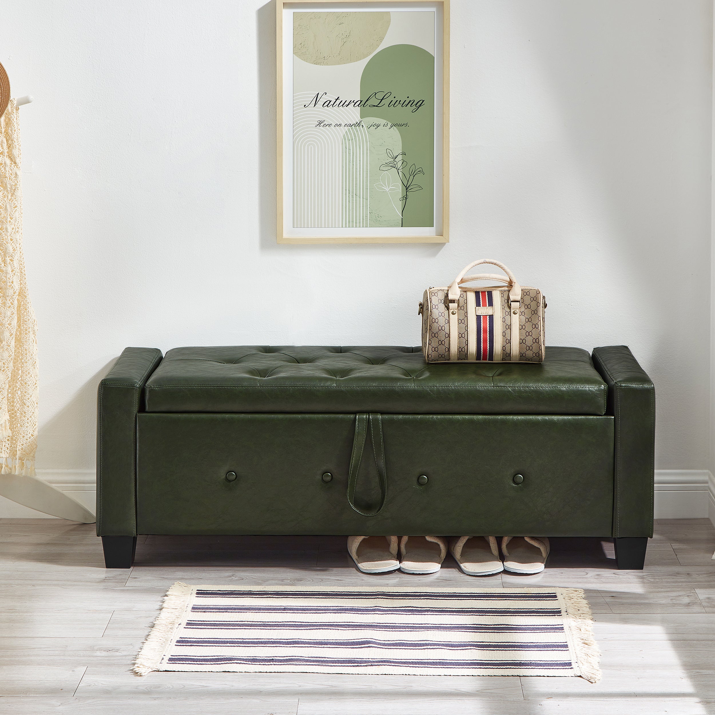 48' Ottoman Bench with Storage, Bench for Bedroom,Living Room,Hallway, Upholstered Tufted Faux Leather PU Ottoman Dark Green - Grand Goldman Shop