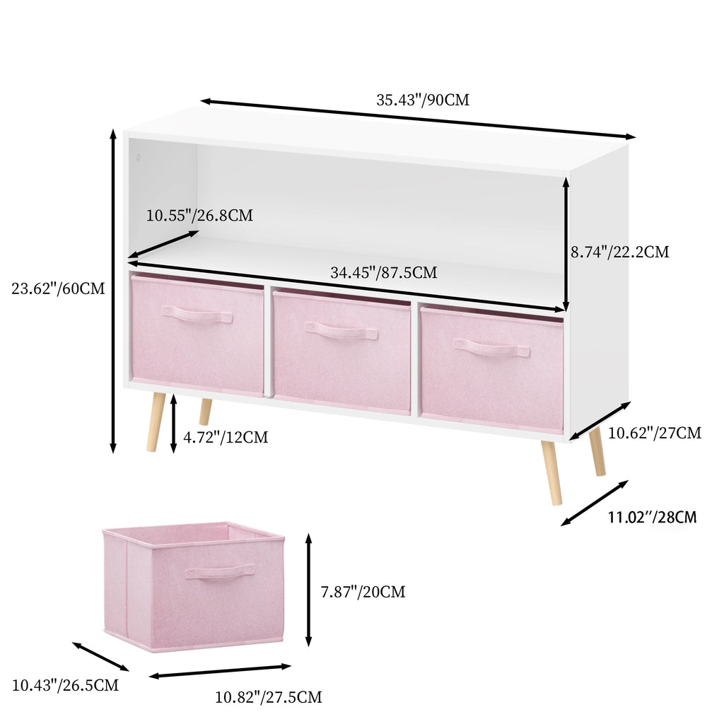 Modern Kids Bookcase with Collapsible Fabric Drawers, Children's Book Display & Toy Storage, White/Pink MDF & Pine Legs - Gra
