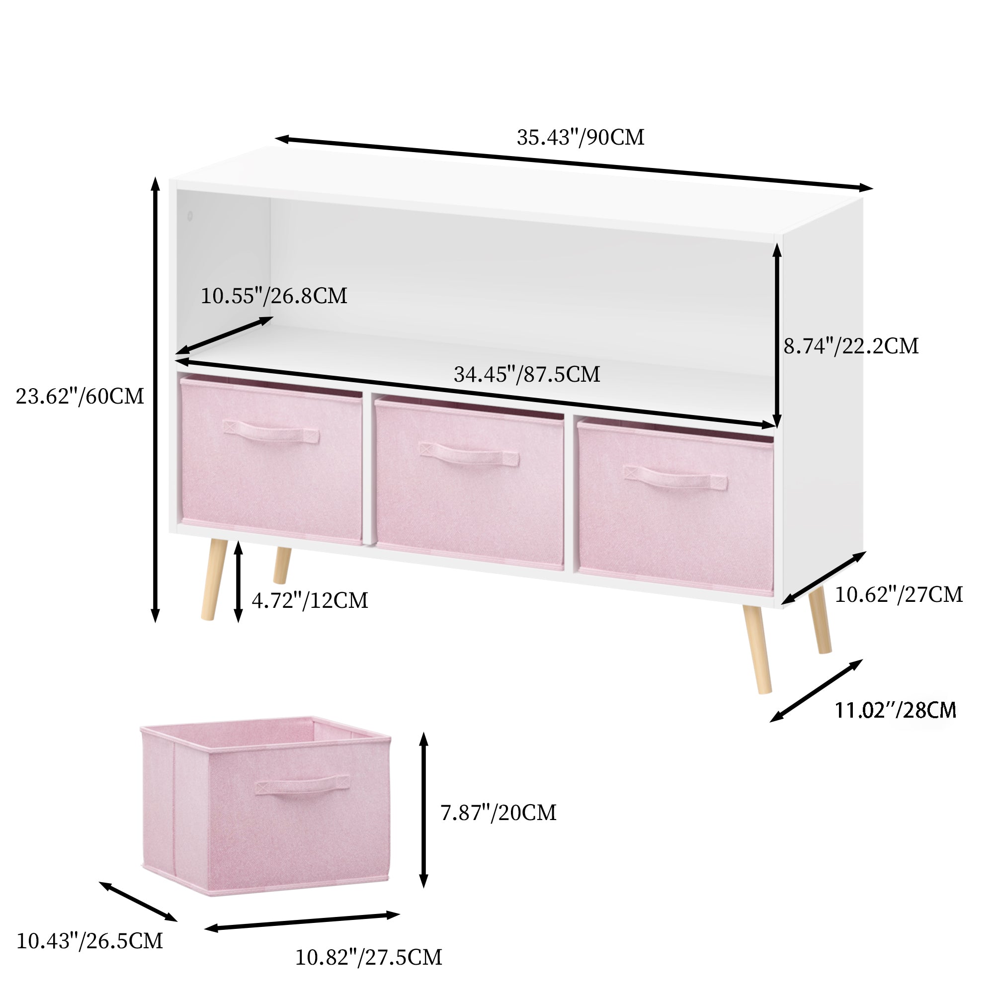 Modern Kids Bookcase with Collapsible Fabric Drawers, Children's Book Display & Toy Storage, White/Pink MDF & Pine Legs - Gra
