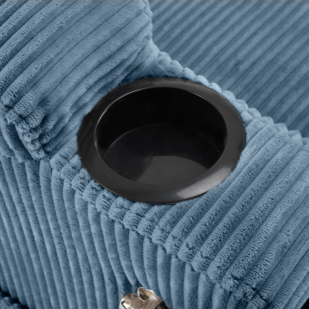 Navy Blue Corduroy Sleeper Sofa Loveseat with Full Size Mattress, USB Ports, Cup Holders, Side Pockets and Phone Holder - Grand Goldman Shop