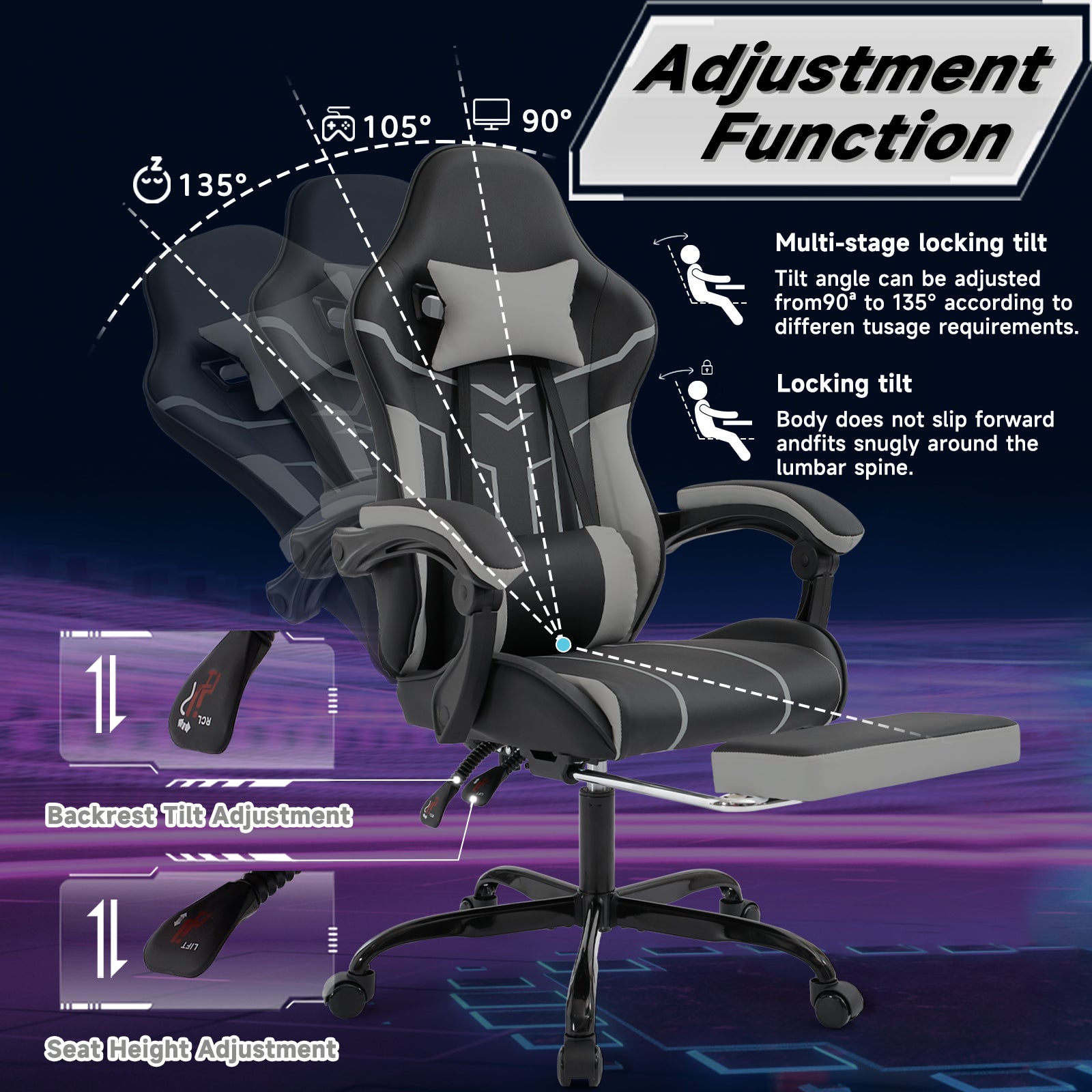 Gaming chair, Computer chair Ergonomic chair with footrest Office chair Ergonomic computer chair with lumbar backrest Blackgr
