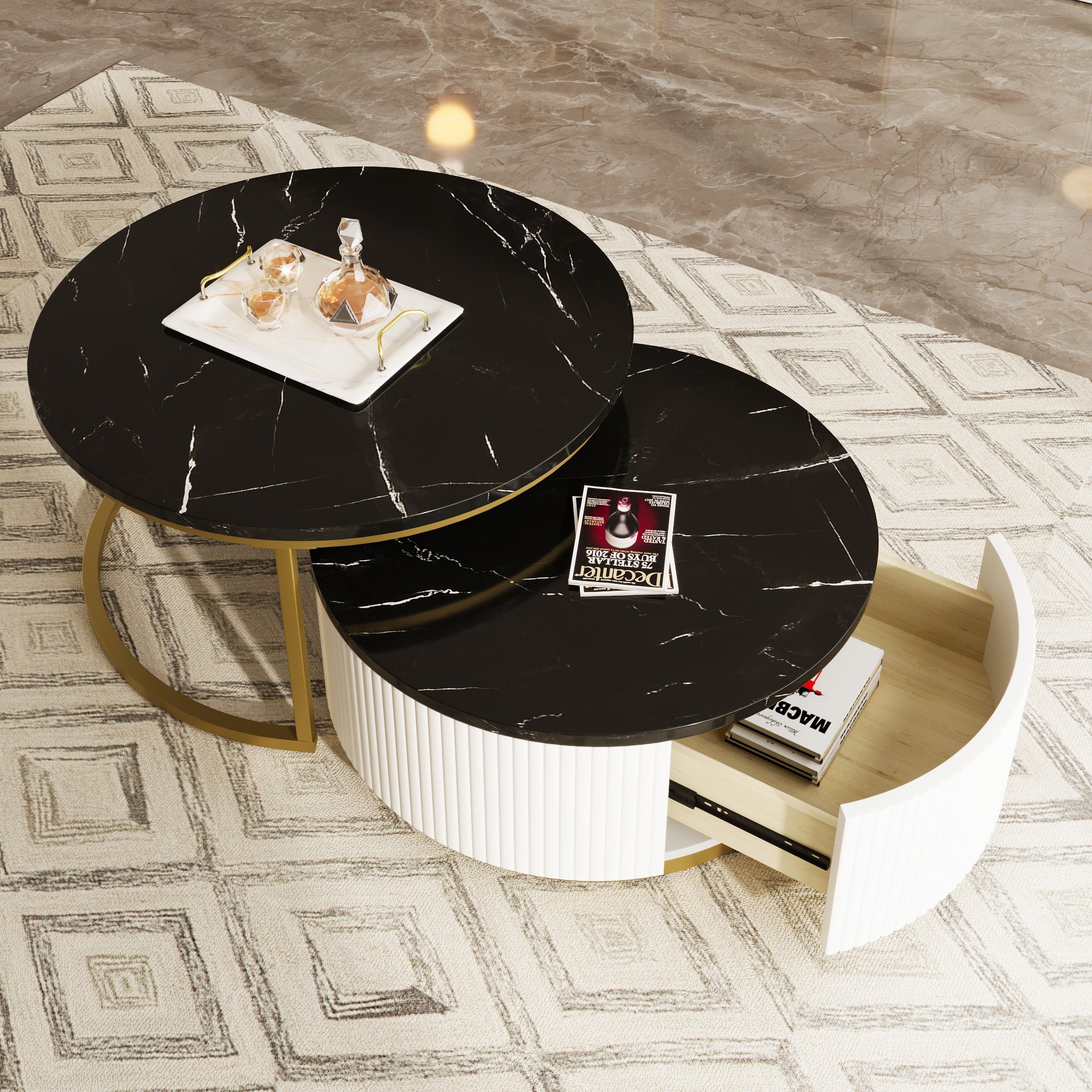 Modern Round Nesting Coffee Table Fluted with Drawer in Black & Gold in 31.5'' - Grand Goldman Shop