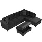 Modern Sectional Sofa with Storage Ottoman, L-Shape Couch with 2 Pillows and Cup Holders, Black Velvet, 105' - Grand Goldman Shop