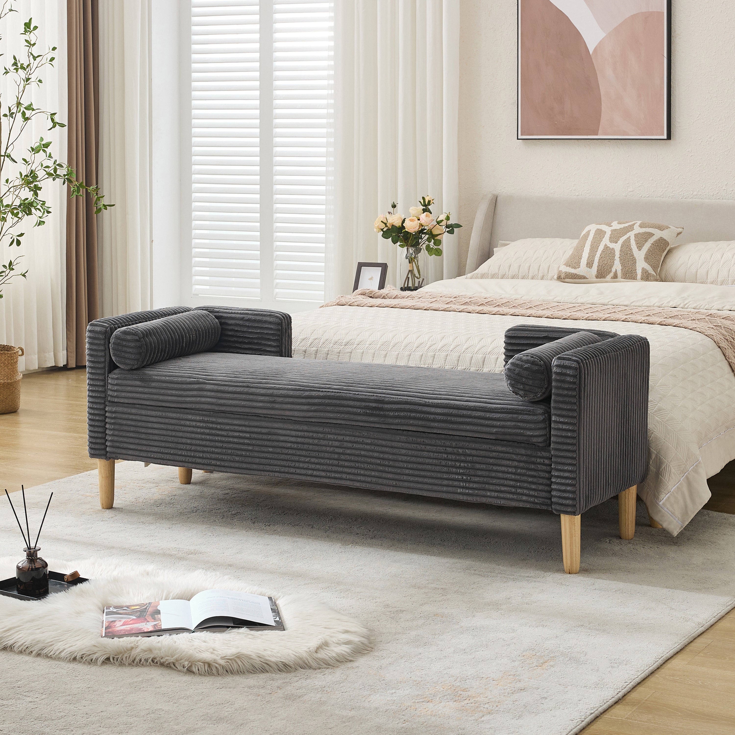 65.35'Wide Upholstered Flip-top Storage Accent Bed Bench, Corduroy Footrest Ottoman with Armrests&Backrest&2 Bolster Pillows Wood Legs for Living Room, End of Bed, Hallway, Entryway Bedroom. Charcoal - Grand Goldman Shop