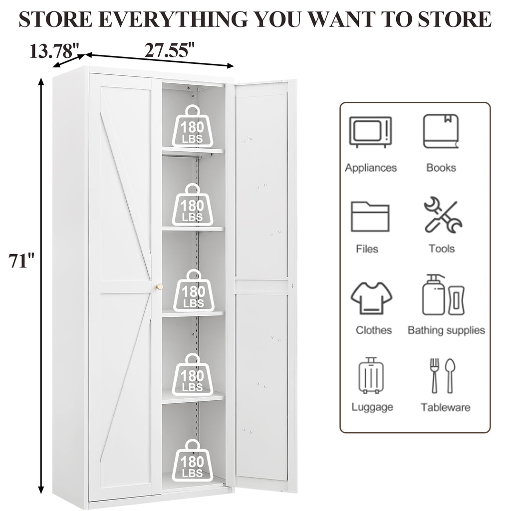 White Metal Adjustable 2-Door Storage Cabinet with Powder-Coated Steel, Tall Kitchen Pantry Cabinet with Adjustable Shelves f
