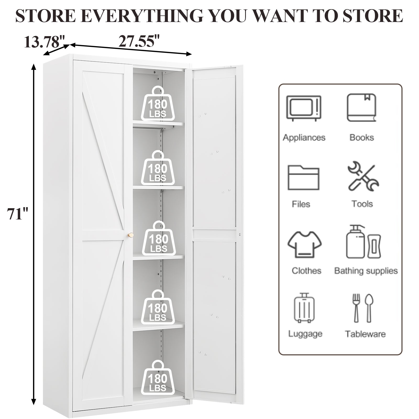 White Metal Adjustable 2-Door Storage Cabinet with Powder-Coated Steel, Tall Kitchen Pantry Cabinet with Adjustable Shelves f