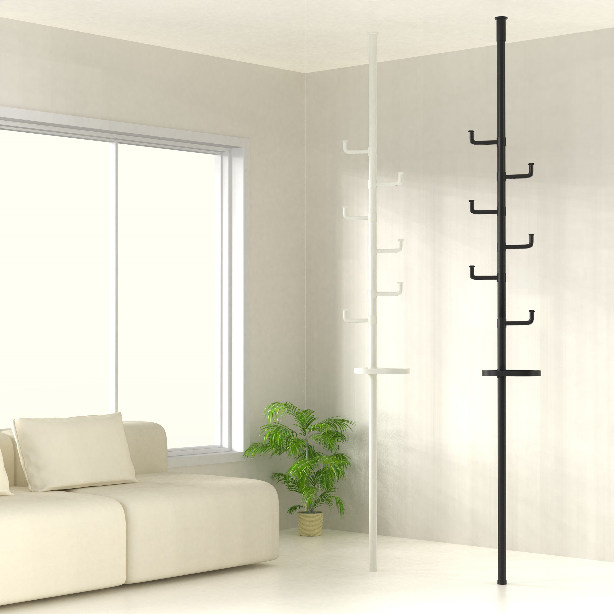 New style with trays Adjustable Laundry Pole Clothes Drying Rack Coat Hanger DIY Floor to Ceiling Tension Rod Storage Organizer for Indoor, Balcony - Black - Grand Goldman Shop